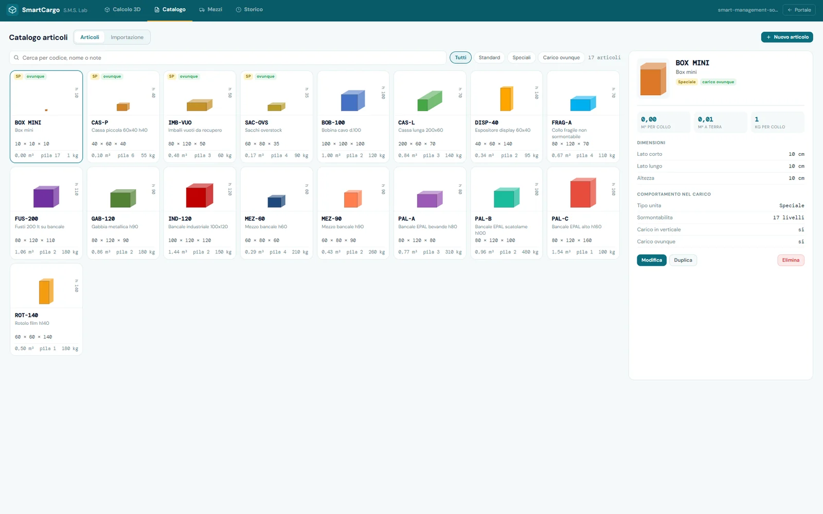 Catalogo articoli SmartCargo: dimensioni, tipo, sormontabilita' e peso di ogni collo, con import da CSV o Excel