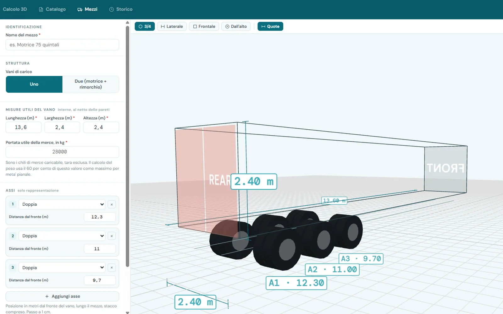 Pagina Mezzi di SmartCargo: composizione di un semirimorchio con misure utili del vano, portata e tre assi doppi, con anteprima 3D quotata