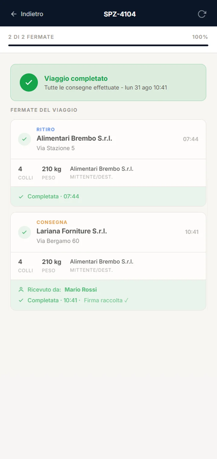 Web app autista: fermate del viaggio in sequenza con il pulsante di conferma consegna
