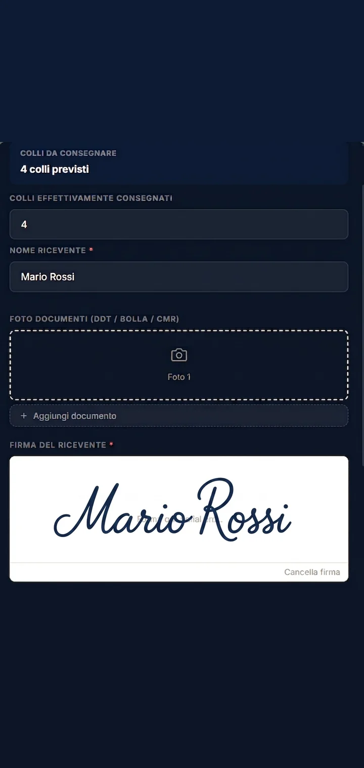 Viaggio completato sulla web app autista: ricevente registrato e firma raccolta