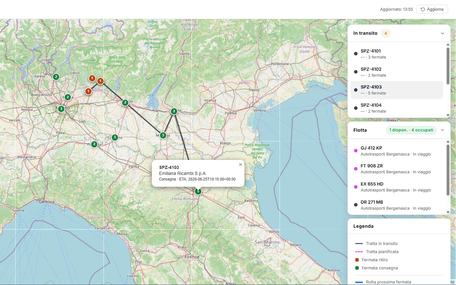 Mappa live SmartPOD: mezzi in transito, fermate di ritiro e consegna, ETA sul traffico