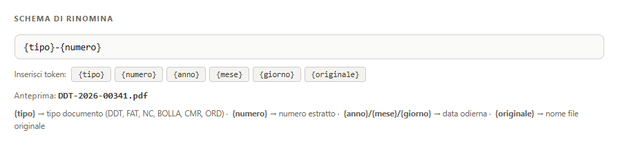 SmartScan — configurazione schema di rinomina con token
